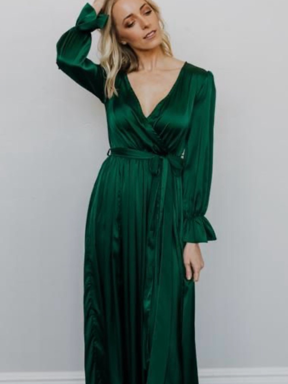 Baltic Born Holly Satin Maxi Dress Green bell sleeve Sz L NWT